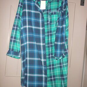NWT Women XXL Flannel Green/Black Plaid Button Down Pajama Gown, Knee Length